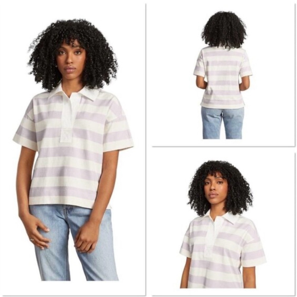 NWT Everlane polo white purple stripe shirt